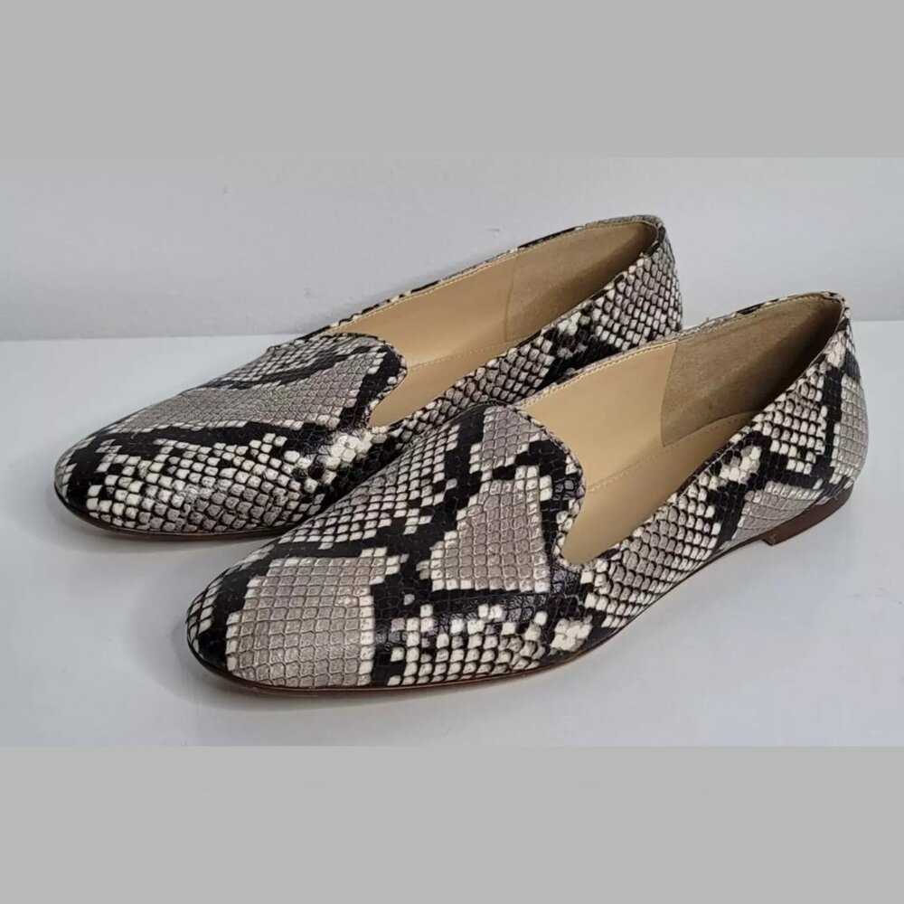 J. Crew Womens Size 8 Flat Shoes Smoking Loafers Black Gray White Faux Snakeskin